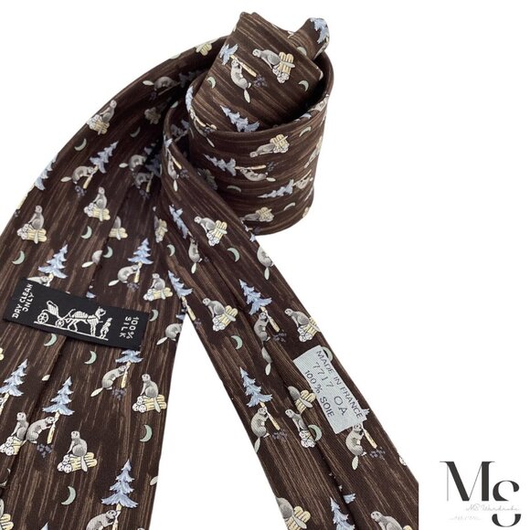 HERMES PARIS 7717 OA Brown Beavers At Night Print Silk Tie France W: 3.75" E.C - Picture 4 of 7